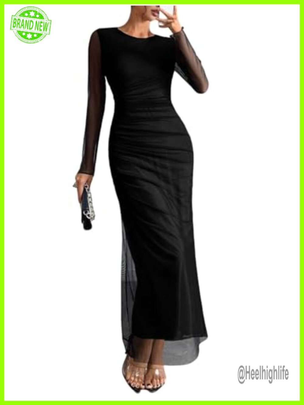 Women's Long Sleeve Ruched Bodycon Maxi Dress Mesh Formal Wedding Guest
